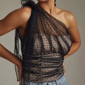 Anthropologie Black One-Shoulder Layered Polka Dot Tulle/Silk top